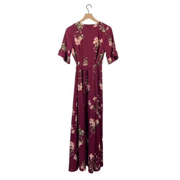 Lulu’s burgundy red floral short sleeve v-neck maxi - Picture 4 of 8
